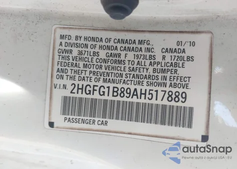 2010 Honda Civic Ex из США, поврежденный, VIN 2HGFG1B89AH517889